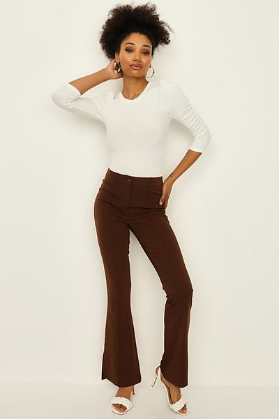 Select Moda Women's Dark Brown Flared Trousers with Slits