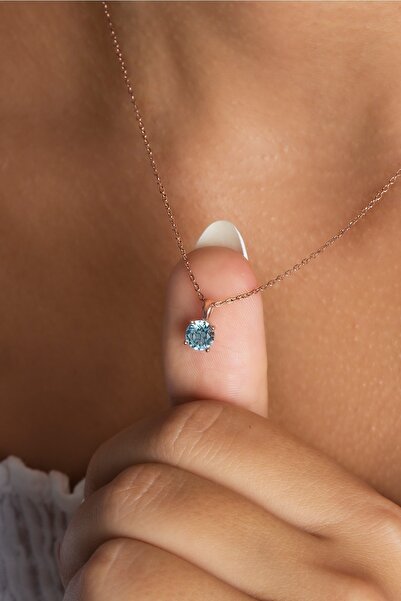 TEK TARZIM TAKI Minimal 6 mm Aquamarine Tek Taşlı Gümüş Kolye