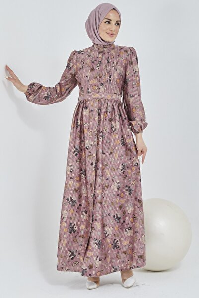 Feiza Collection Çiçek Desenli Tesettür Elbise - Pudra