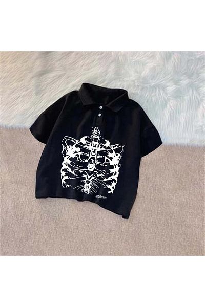 Planet Butik Black Chest Collar Crop T-shirt