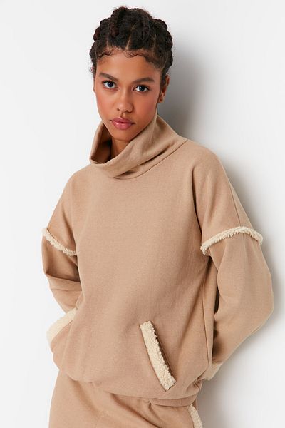 Trendyol Collection Kamenný zip s volným stojatým límcem, tlustý fleece uvnitř pletená mikina TWOAW23SW00285