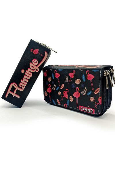 Limmy Μολυβοθήκη Flamingo Black Kawai Organizer Θήκη στυλό Vegan Δερμάτινη θήκη για στυλό τριών διαμερισμάτων Μαύρη