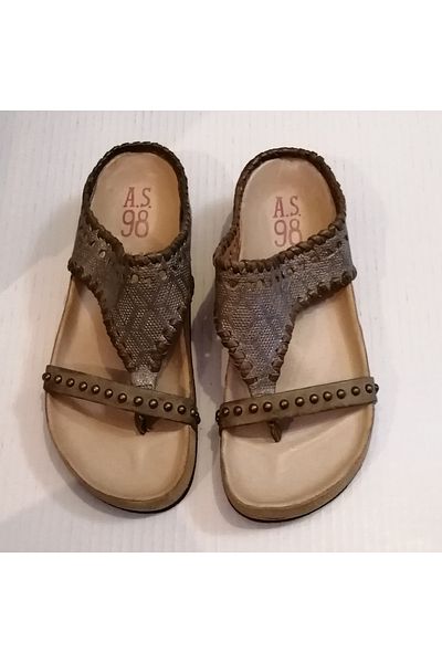 AS 98 Women's Genuine Leather Print Pattern Khaki Handmade Spiral Leather Ribbed Wedge Sole Flip Flops