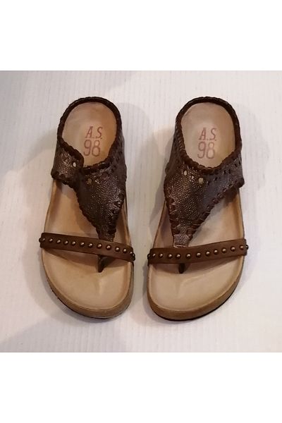 AS 98 Women's Genuine Leather Print Pattern Chestnut Handmade Spiral Leather Ribbed Wedge Sole Flip Flops