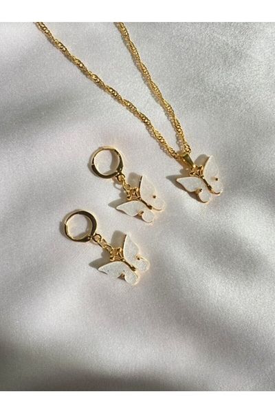 Bourgogne2021 Butterfly Detailed Chain Necklace Earring Set