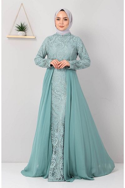 Modamihram Damen-Abendkleid aus Netzstoff mit Steindetails, Mintgrün