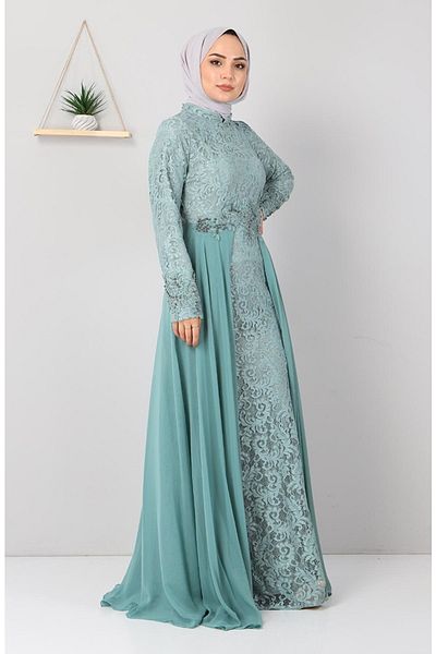 Modamihram Damen-Abendkleid aus Netzstoff mit Steindetails, Mintgrün