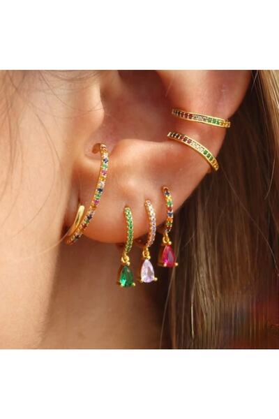 Bylin Zircon Stone Beaded Hoop Earrings with Drop Charm - 1 Pair