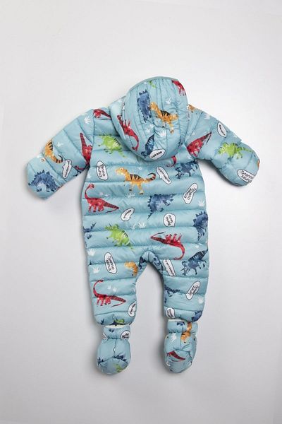 PODİUM GİYİM Dinosaur Patterned Blue Winter Hooded Cosmonaut Jumpsuit with Removable Feet and Hidden Gloves