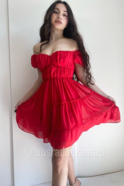 Büşra Doğramacı Kadın Kırmızı Şifon Romantik Elbise