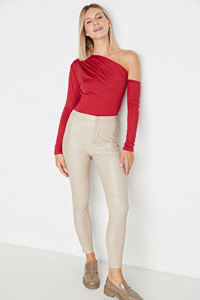 Trendyol Collection Vínový asymetrický límec s dlouhým rukávem Pružné spodní zapínání Pletené body TWOAW22BD0080