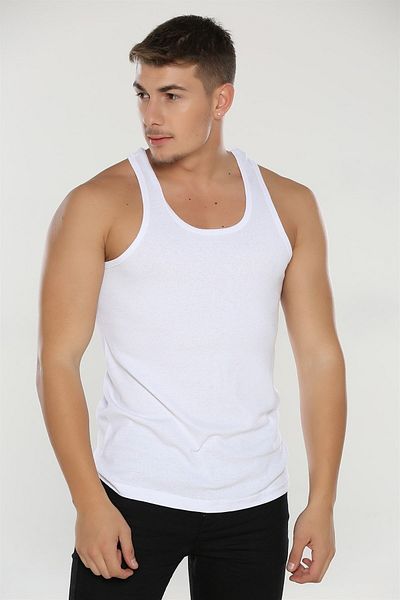 Afilva White Seher Yıldızı Men's Cotton Ribbed Sports Undershirt