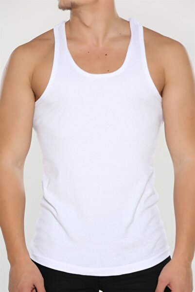 Afilva White Seher Yıldızı Men's Cotton Ribbed Sports Undershirt
