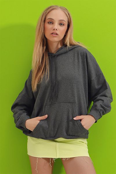 Trend Alaçatı Stili Dámská antracitová mikina s kapucí a kapucí, dvouvláknová, ALC-531-015