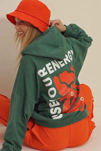 Trend Alaçatı Stili Sweatshirt - Grün - Oversized