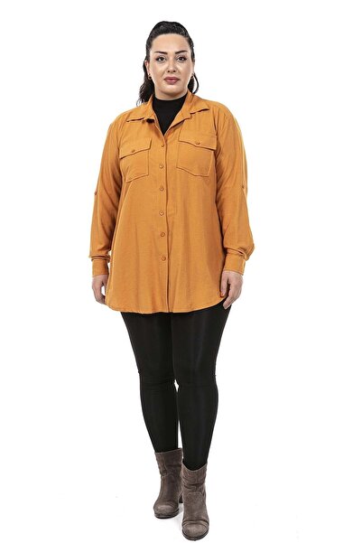 DISENTIS MODEST Büyük Beden Gömlek Yaka Göğüsten Çift Cepli Tarçın Gömlek