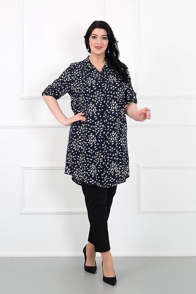 By Alba Collection Large Size Navy Viscose Tunic - Seagull Patterned Cotton
