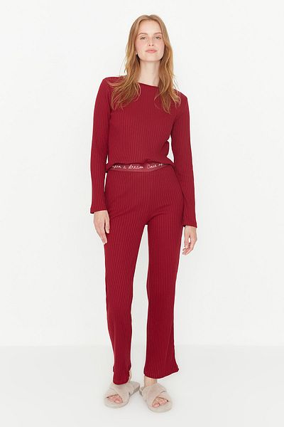 Trendyol Collection Bordeauxrotes Pyjama-Set aus Strick mit Kordel – Gummidetails, Thmaw21Pt0269