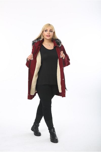 By Alba Collection Palton de damă mărime Plus - Burgundy Gabardine, ondulat în interior