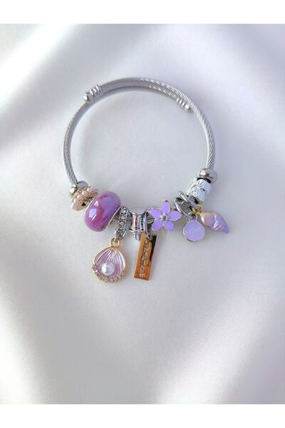 Evorya Model Charm Bileklik Mor Istiridyeli Deniz Kabuklu Çelik Kadın Bilezik