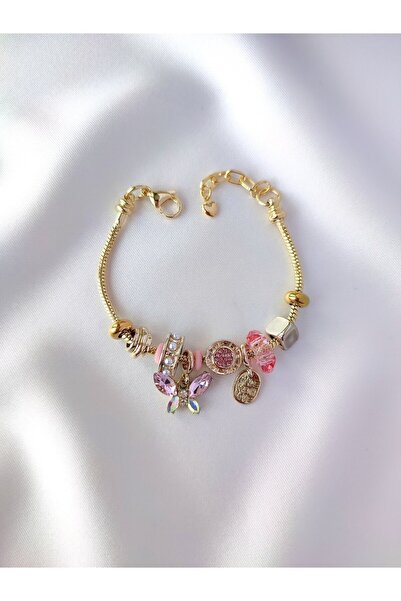 Evorya Gold Model Steel Women's Pink Butterfly Charm Bracelet