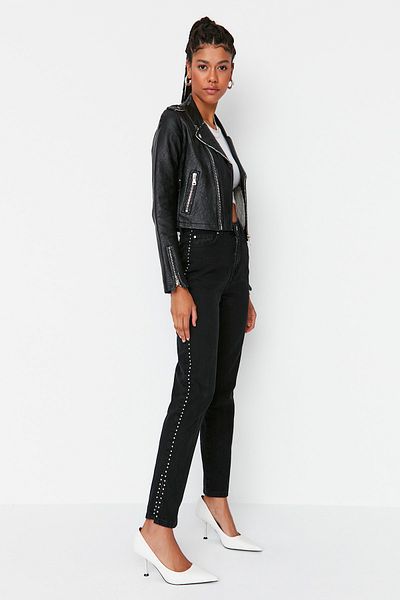Trendyol Collection Blugi drepți cu talie înaltă cu detaliu Troc negri TWOAW23JE00126