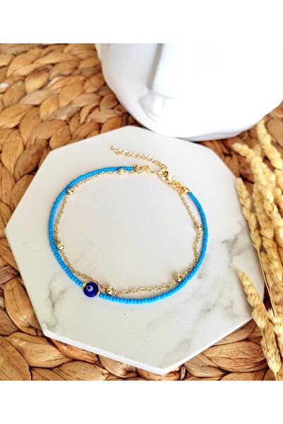 HALHALMILL Kadın Mavi Kum Boncuklu Top Zincirli 2'li Halhal