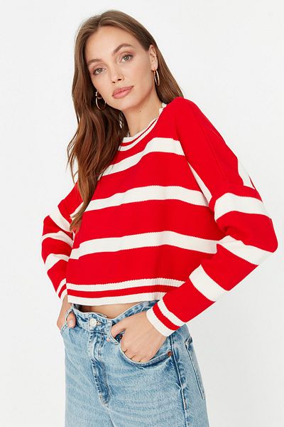 Trendyol Collection Red Crop Striped Knitwear Sweater TWOAW23KZ00205
