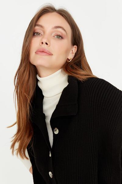 Trendyol Collection Black Knitwear Sweater with Side Tie Detail - Buttoned Collar TWOAW23SV00086