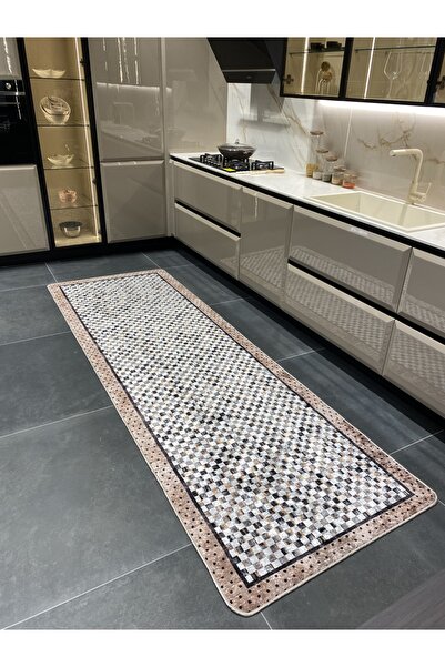 Brillant Robert Dama Desen Leke Tutmaz Mutfak Halı Yolluk - Kahverengi