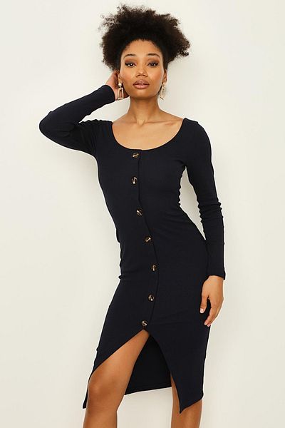 Select Moda Women's Navy Blue Round Neck Long Sleeve Slit Camisole Dress
