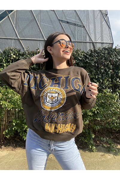 Jose Clothing Γυναικείο φούτερ με στάμπα με τρία νήματα σε χακί χρώμα Oversize Crew Neck Michigan