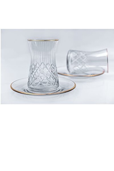 EVRA 6 Kişilik 12 Parça Gerçek Parlak Kesme Çay Seti Takımı Kare Çizği