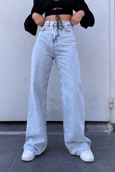 Livik Blugi casual cu talie înaltă cu picior lat din Lycra albastru deschis Milagros Snow Wash