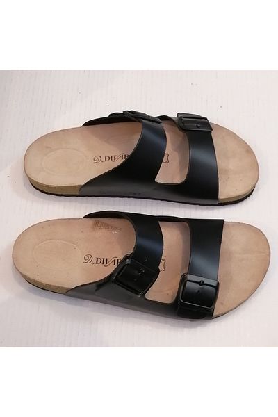D By Divarese Genuine Leather Matte Patent Leather Black Double Banded Buckle Leather Inner Cork Eva Sole Slippers