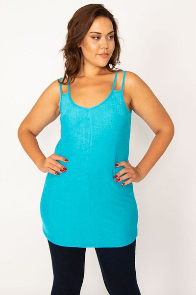 Şans Women's Large Size Turquoise Strap Detailed Self-Striped Blouse 65n33954