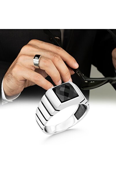 Argento Silver 925 Ayar Gümüş Erkek Yüzük Faset Kesimli Siyah Zirkon Taşlı