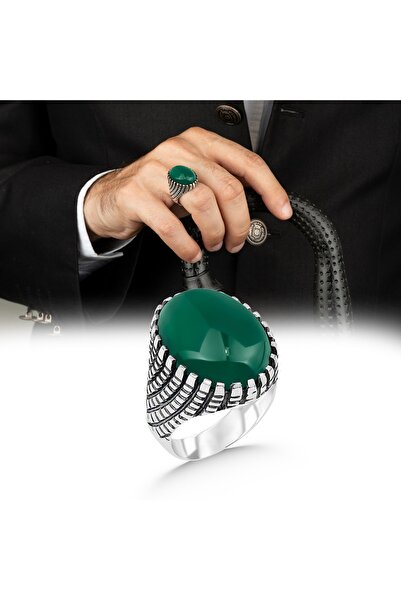 Argento Silver 925 Ayar Gümüş Erkek Yüzük Yeşil Akik Taşlı