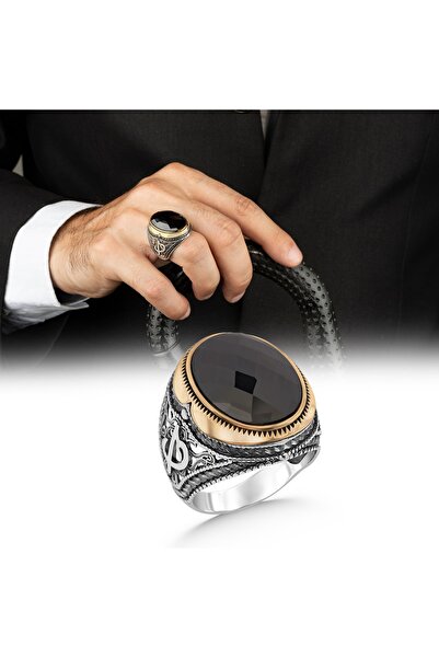 Argento Silver 925 Ayar Gümüş Erkek Yüzük Siyah Zirkon Taşlı