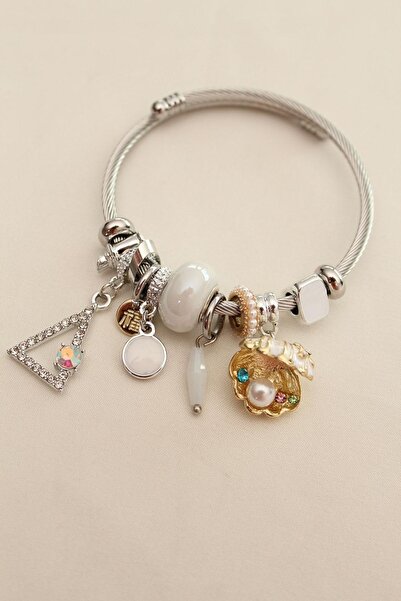 Simay Aksesuar Women's Charm Steel Bracelet with White Stones and Pearls and ...