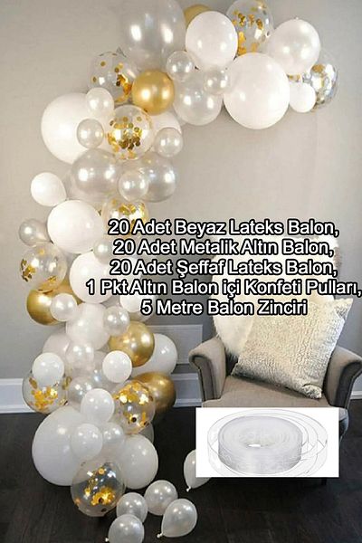 Parti dolabı 60s Metallic Gold, White, Transparent Colors Decoration Adult Children Birthday Engagement Balloon Chain