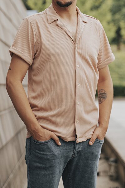 bombe Slim Fit Erkek Kısa Kollu Gömlek Pudra Pembe
