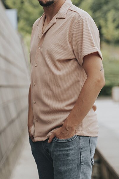 bombe Slim Fit Erkek Kısa Kollu Gömlek Pudra Pembe