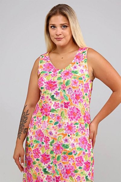 Seamoda V-Neck Flower Pattern Λεπτομερές Αμάνικο Plus Size Γυναικείο Άνετο Φόρεμα-ροζ
