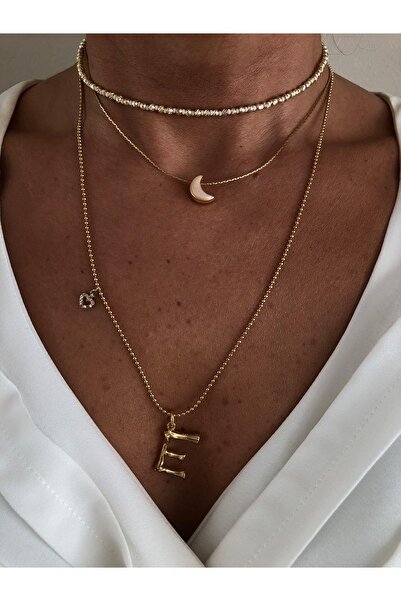 Rossetto Atelier Rs Altın Kaplama Top Zincirli Mini Kalp Detaylı E Harfli Kolye