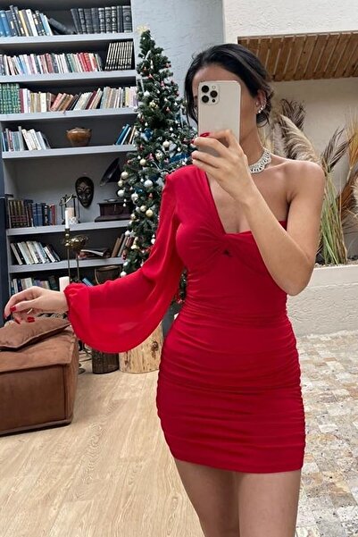 vuvutasarım New Season Tulle Fabric Asymmetric Collar Chest Low-cut Single Sleeve Red Mini Dress