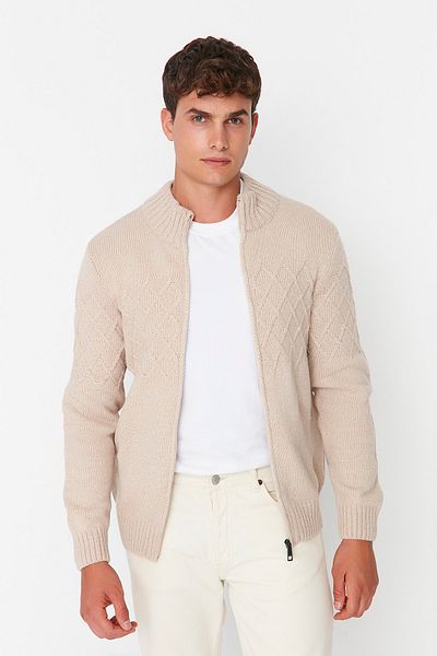 Trendyol Collection Μπεζ κανονική εφαρμογή μάλλινη μισή ψαρά με φερμουάρ που κλείνει με ανάγλυφη πλεκτή ζακέτα TMNAW22HI0146