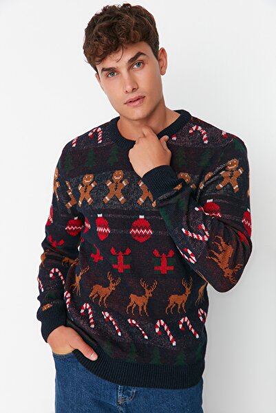 Trendyol Collection Sötétkék, normál szabású gyapjú nyakú, újévi kötöttáru pulóver TMNAW21KZ1365