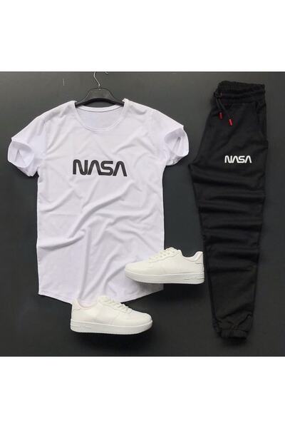 NewCabin Unisex bela NASA majica sa printom - crne trenirke, uski kroj, kombi...