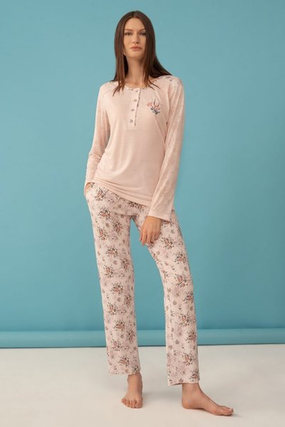 Feyza Kadın Çicek Baskılı Uzun Kol Battal Pijama Takım